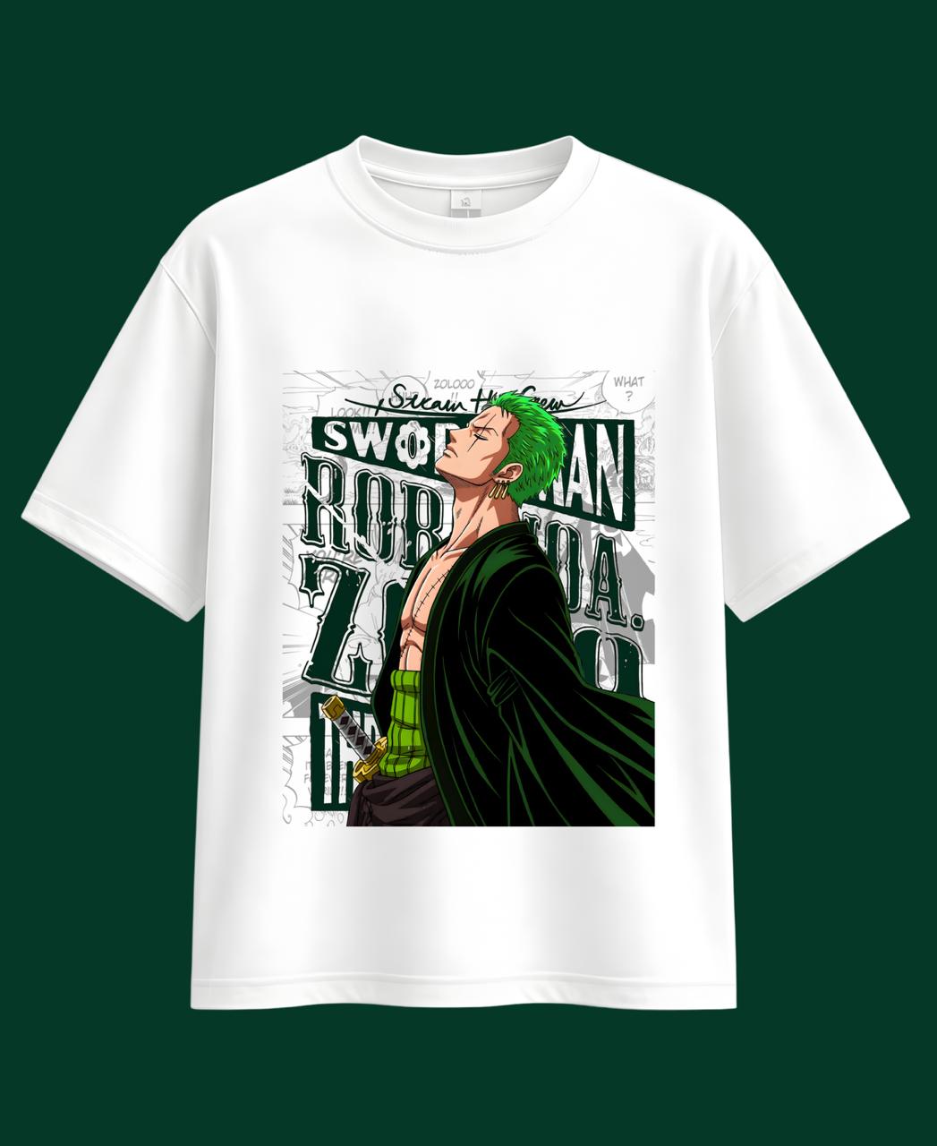 Anime Swordman Graphic Oversized T-Shirt – Green Hair Warrior Print | Premium Cotton Unisex Tee