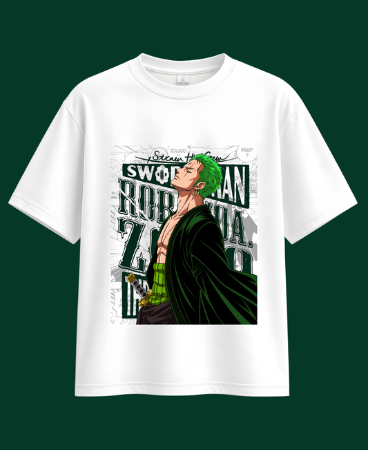 Anime Swordman Graphic Oversized T-Shirt – Green Hair Warrior Print | Premium Cotton Unisex Tee