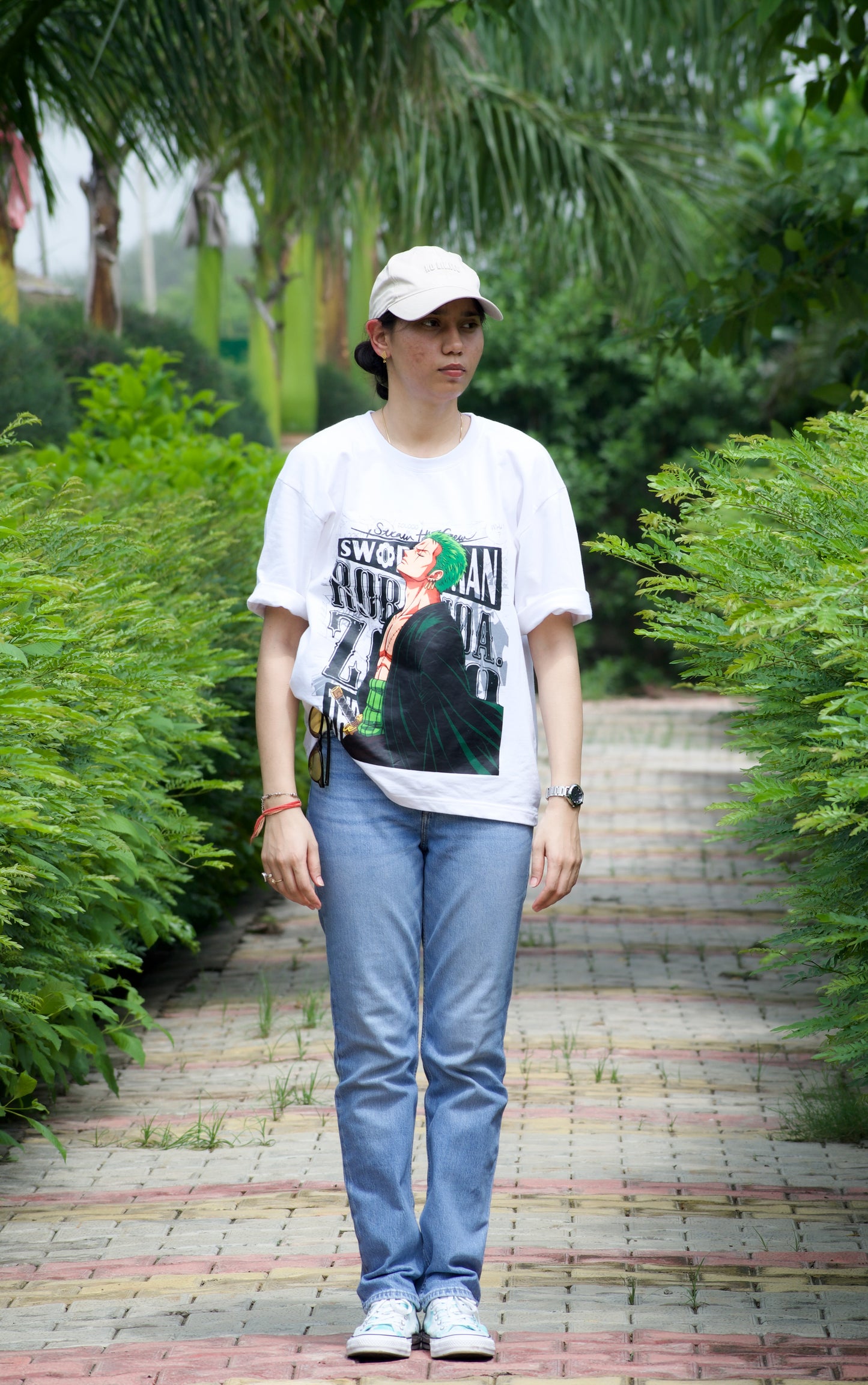 Anime Swordman Graphic Oversized T-Shirt – Green Hair Warrior Print | Premium Cotton Unisex Tee
